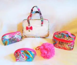 4pc Stylish Pretty in Pink Cosmetic Bags W/bonus Shower Sponge