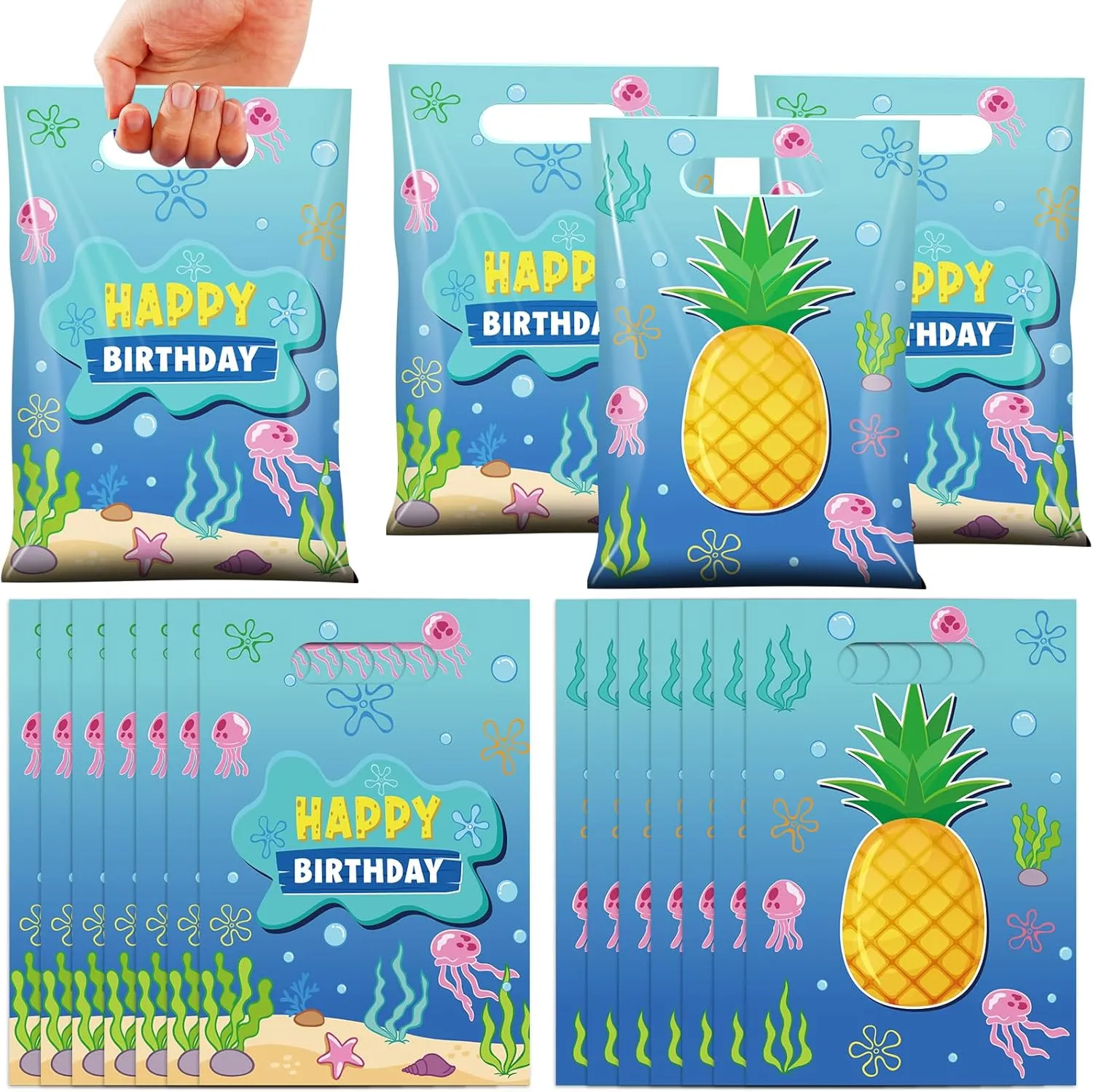 50Pcs Ocean Pineapple Birthday Goodie Bag Decorations, Plastic Pineapple Gifts Bags with Handles, Blue Ocean Jellyfish Seaweed Party Favor Bags for Kids Gift Wrapping Birthday Party Supplies