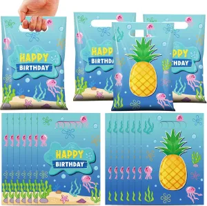 50Pcs Ocean Pineapple Birthday Goodie Bag Decorations, Plastic Pineapple Gifts Bags with Handles, Blue Ocean Jellyfish Seaweed Party Favor Bags for Kids Gift Wrapping Birthday Party Supplies