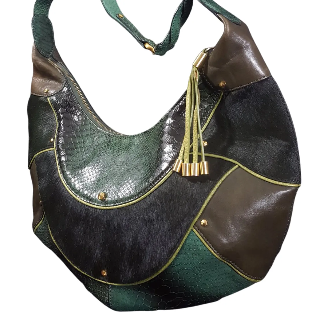 90s Cole Haan Green Gold Fish Patchwork Leather & Calf Hair Bag