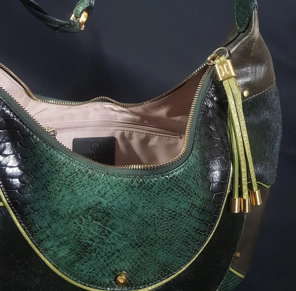 90s Cole Haan Green Gold Fish Patchwork Leather & Calf Hair Bag