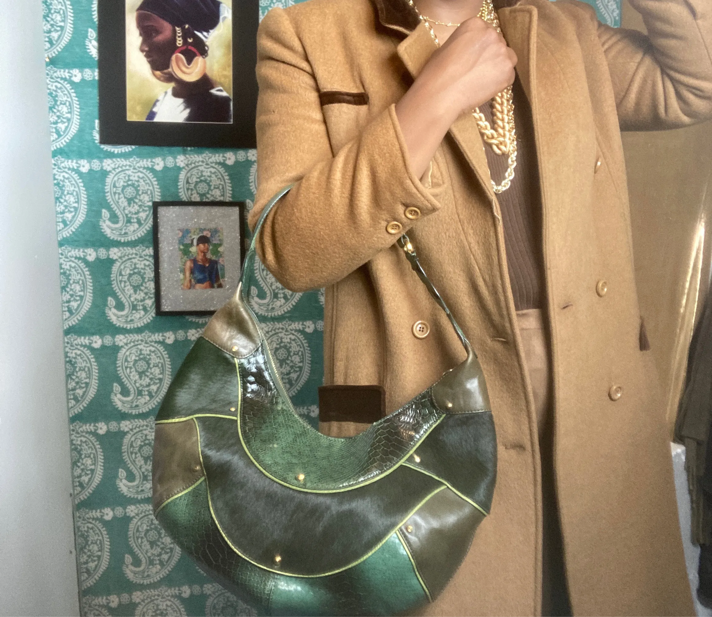 90s Cole Haan Green Gold Fish Patchwork Leather & Calf Hair Bag