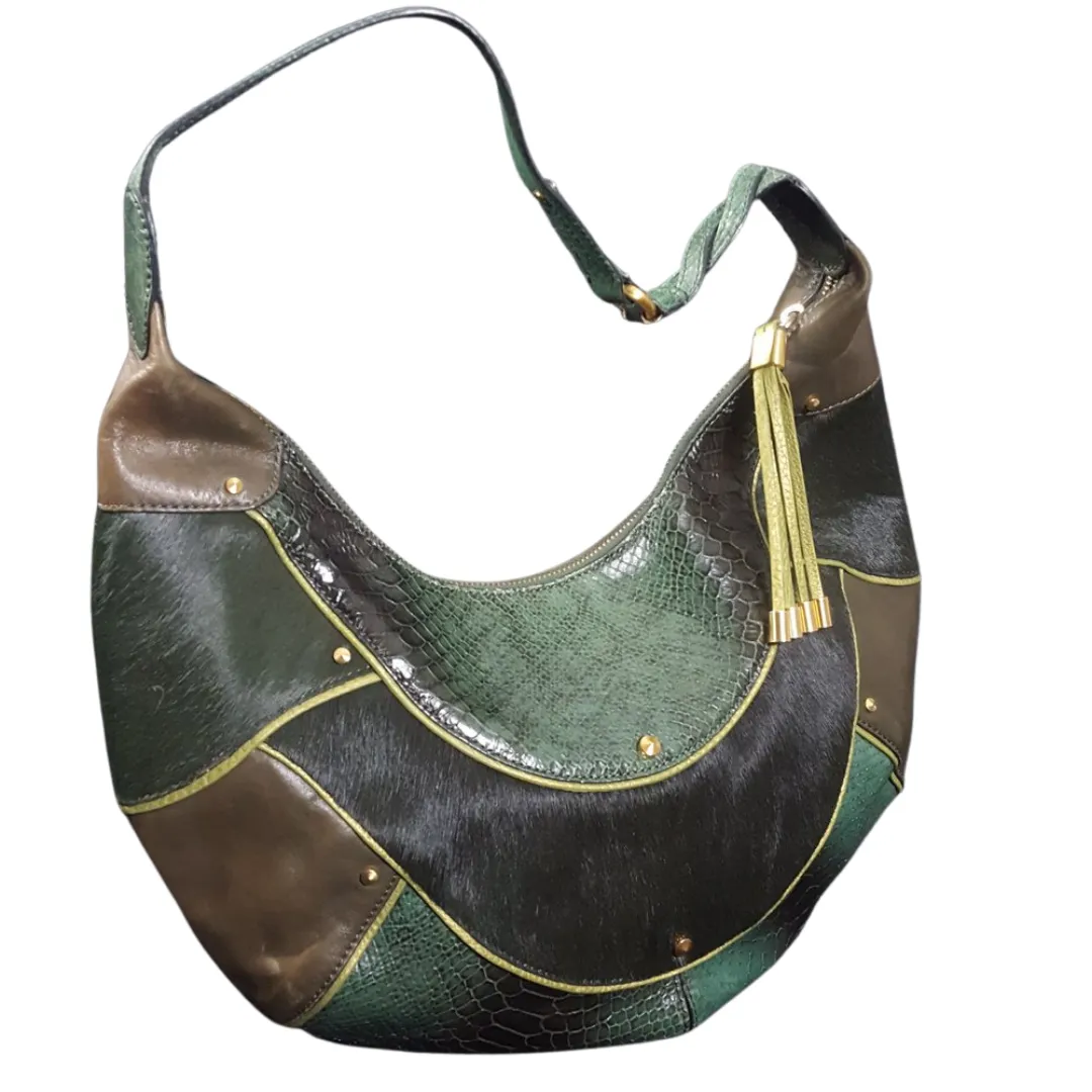 90s Cole Haan Green Gold Fish Patchwork Leather & Calf Hair Bag
