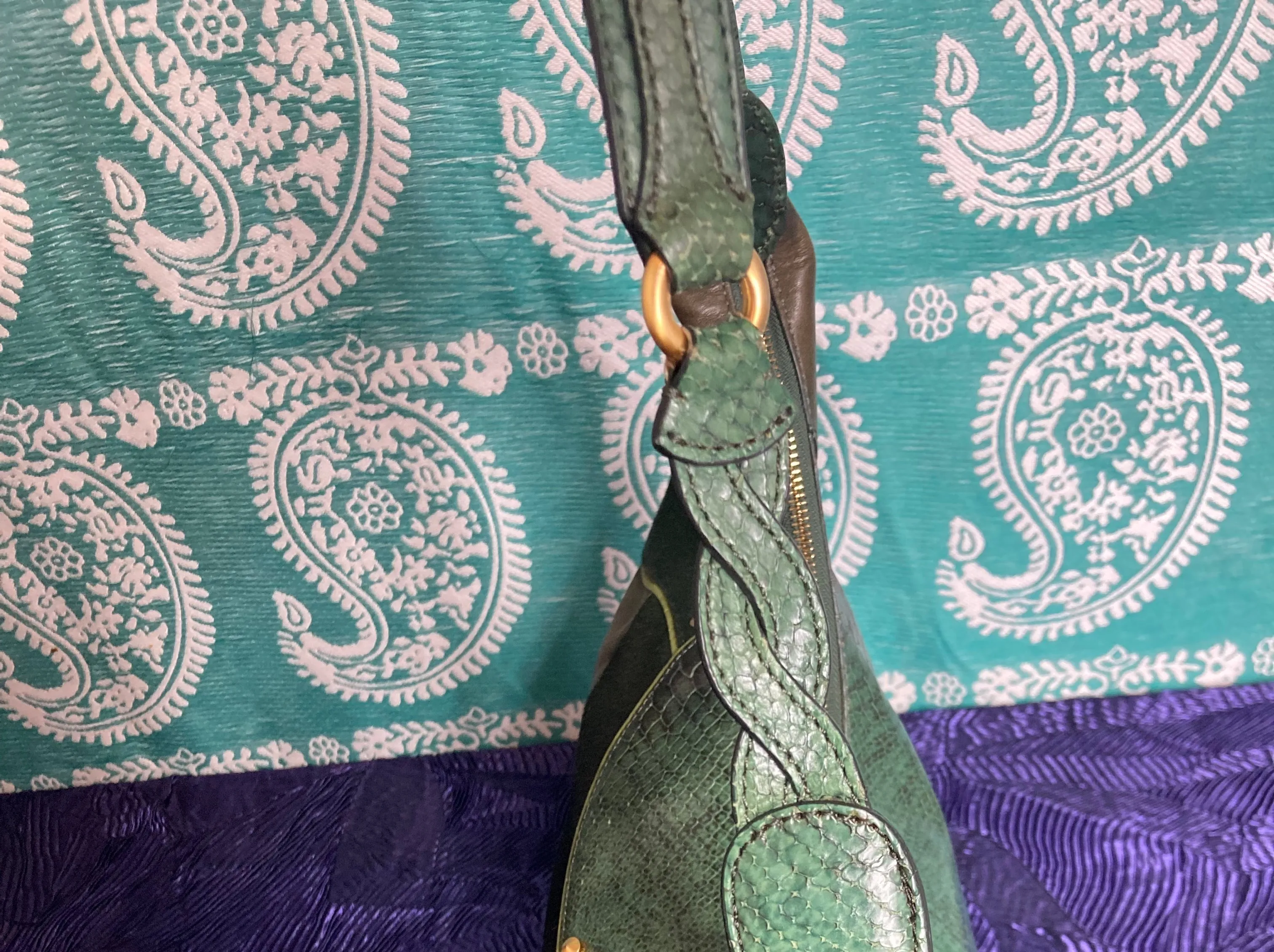 90s Cole Haan Green Gold Fish Patchwork Leather & Calf Hair Bag