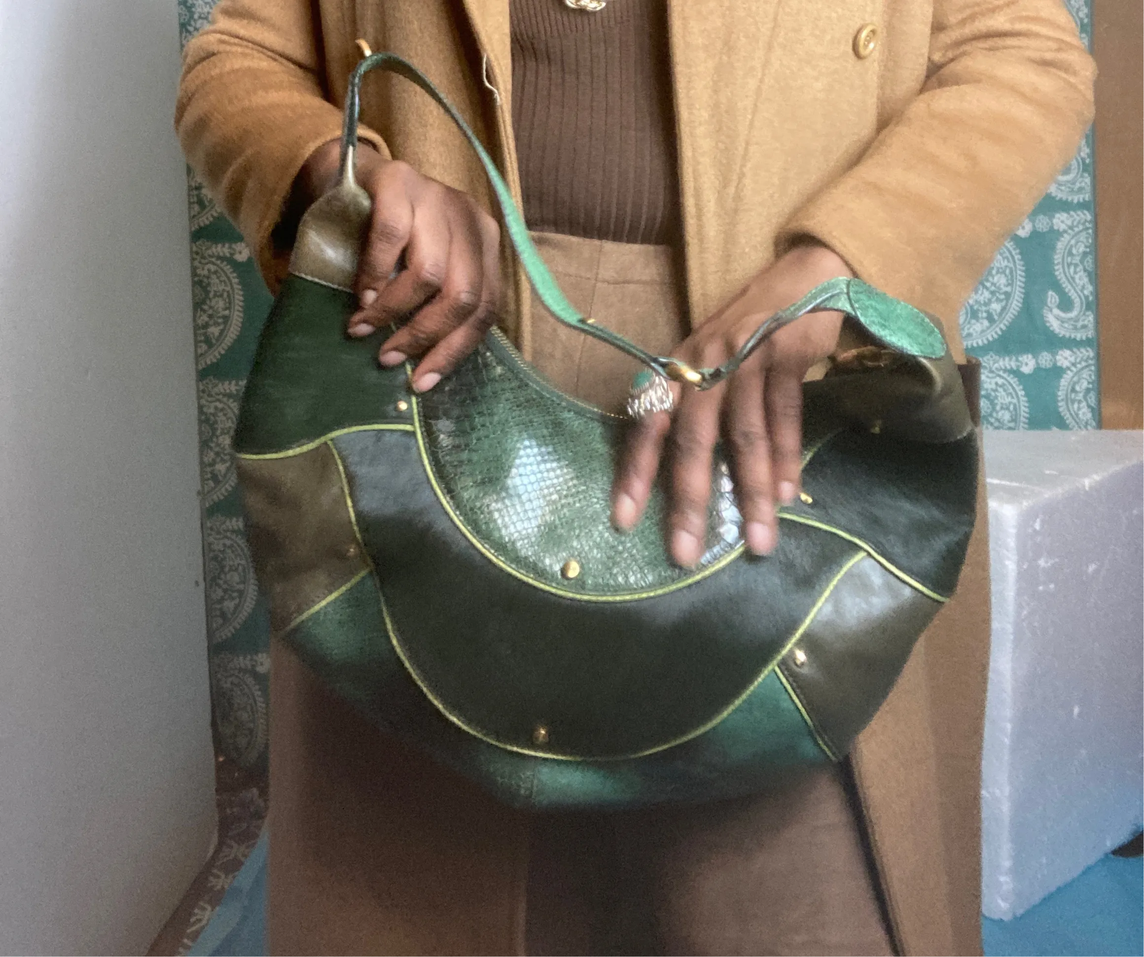 90s Cole Haan Green Gold Fish Patchwork Leather & Calf Hair Bag
