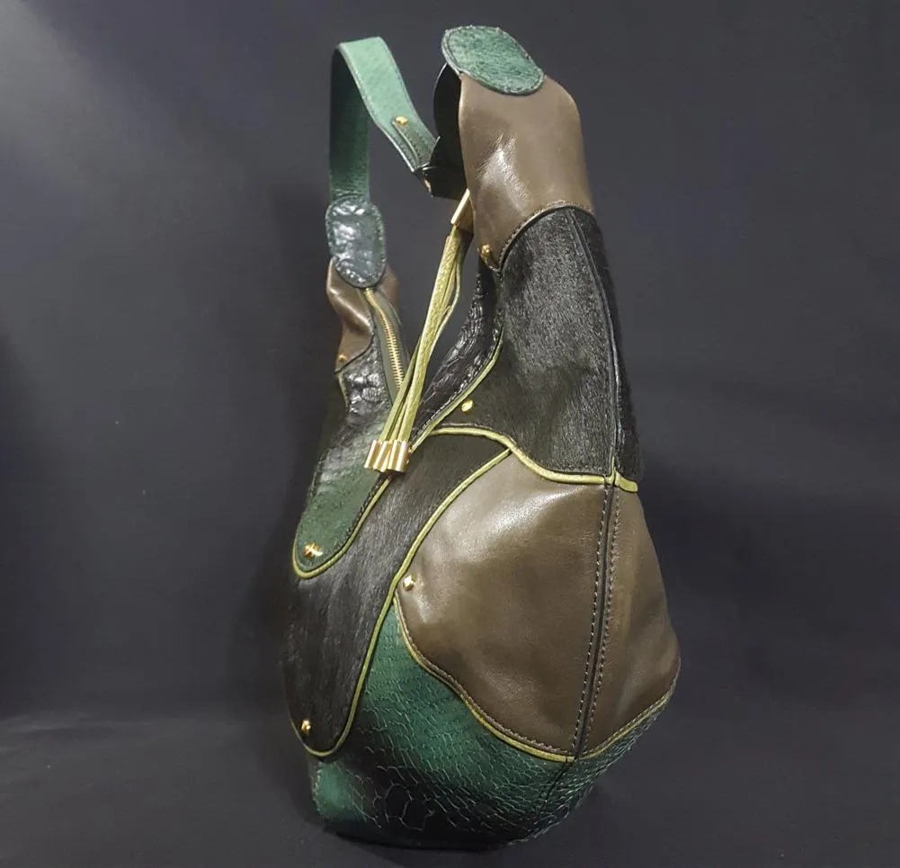 90s Cole Haan Green Gold Fish Patchwork Leather & Calf Hair Bag