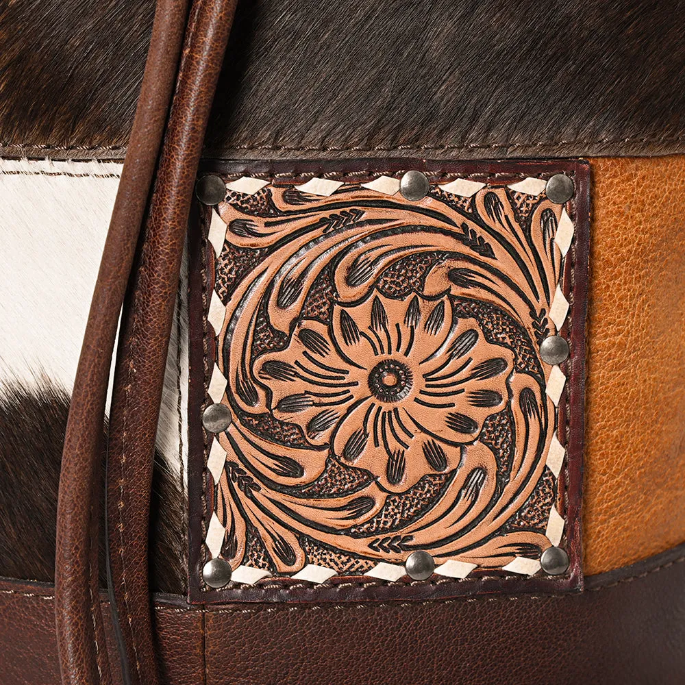 American Darling Bucket Hand Tooled Hair On Genuine Leather Women Bag Western Handbag Purse
