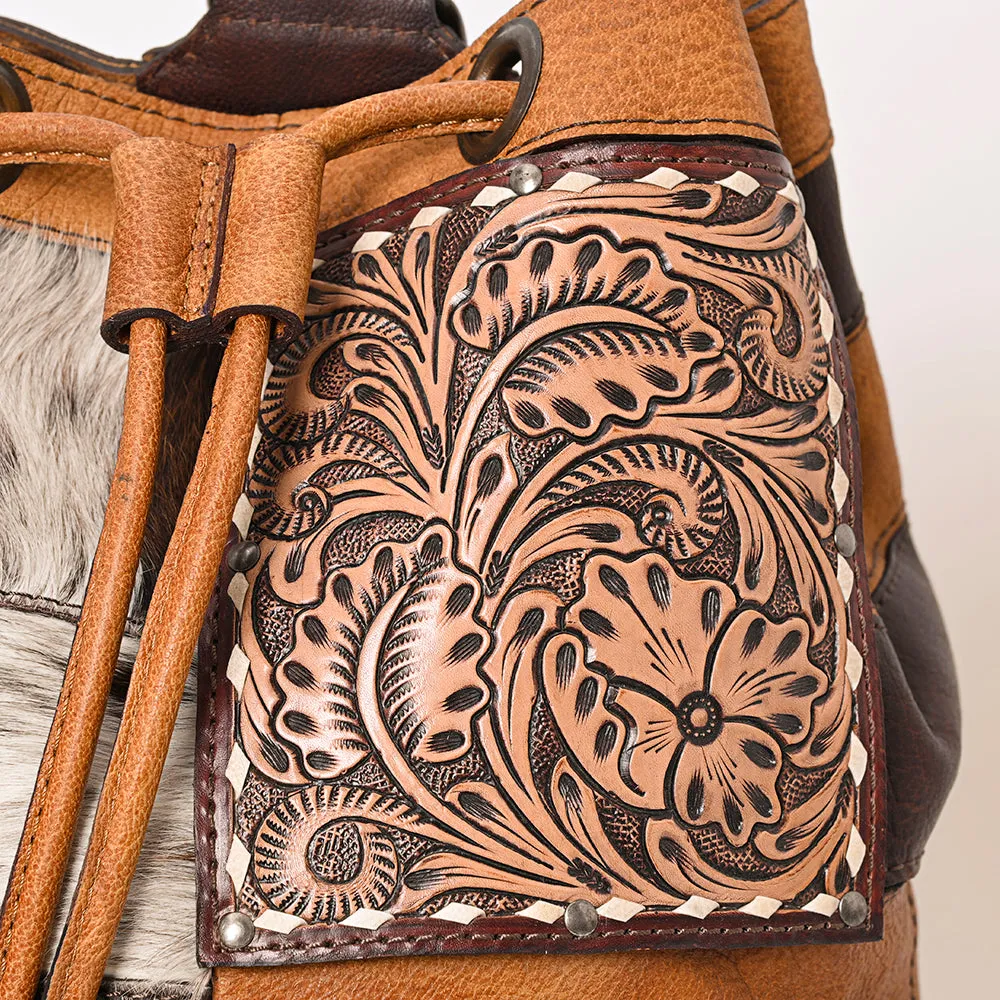 American Darling Bucket Hand Tooled Hair On Genuine Leather Women Bag Western Handbag Purse