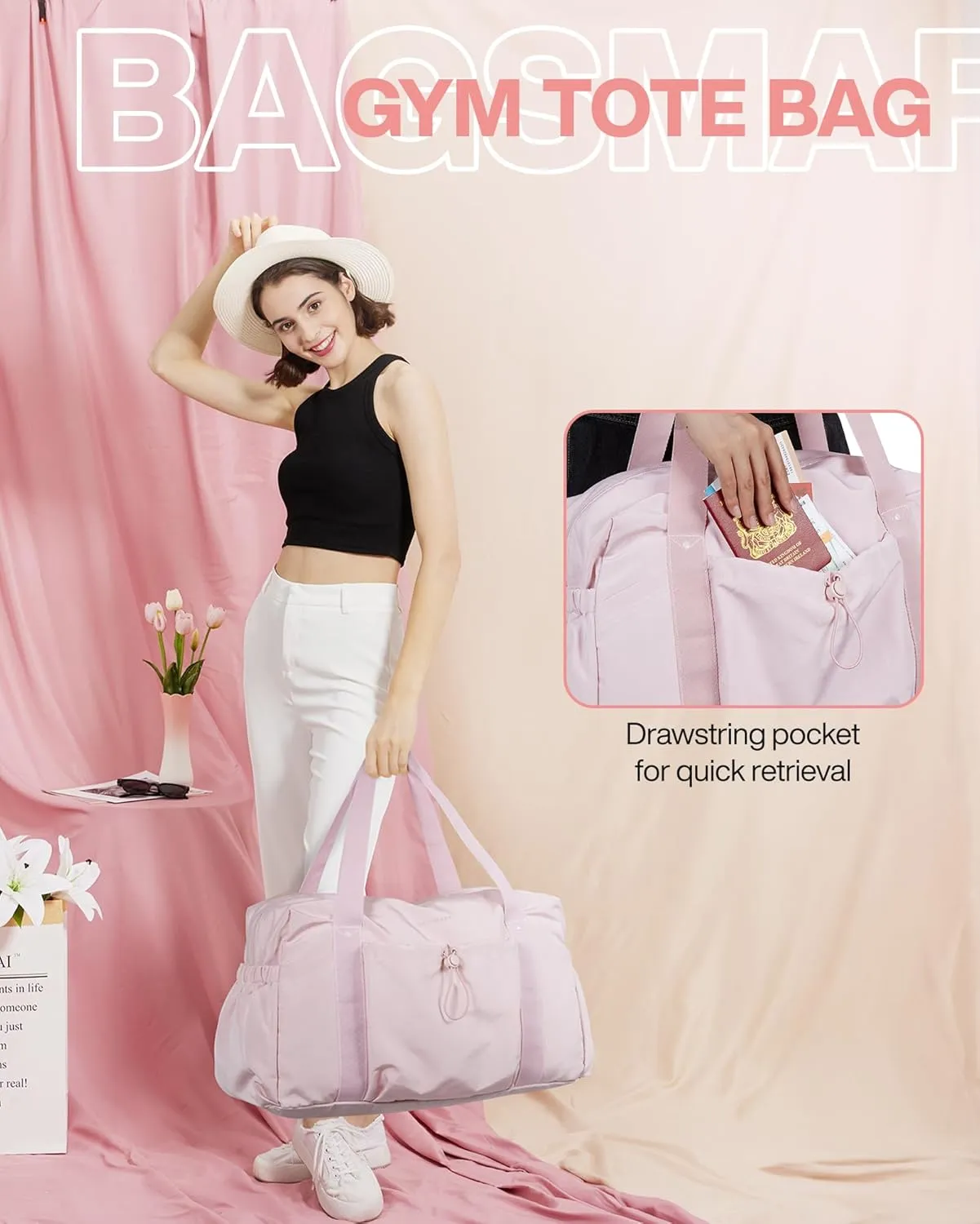 BAGSMART Foldable Travel Duffle Bag For Women, Gym Tote Bag for Sports, 26L Airport Carry On Weekender Overnight Bag for Travel, Travel Accessories(Baby Pink)