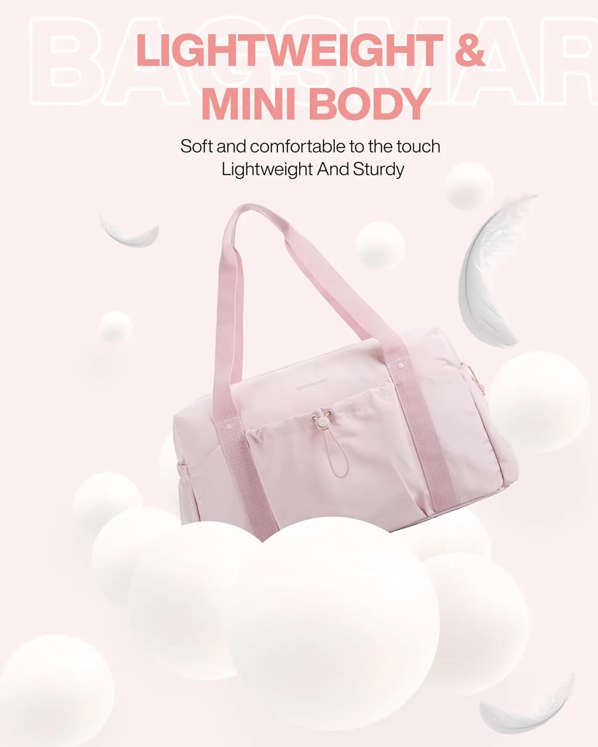 BAGSMART Foldable Travel Duffle Bag For Women, Gym Tote Bag for Sports, 26L Airport Carry On Weekender Overnight Bag for Travel, Travel Accessories(Baby Pink)