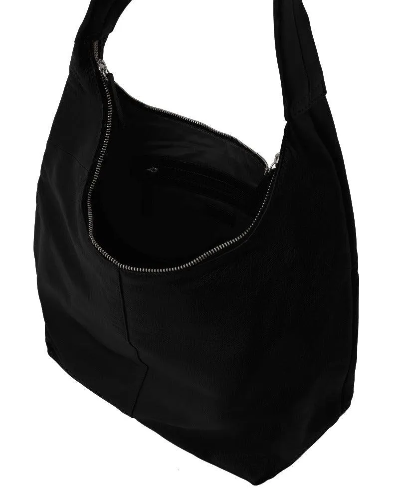 Black Leather Zip Top Hobo Bag - Spacious & Stylish