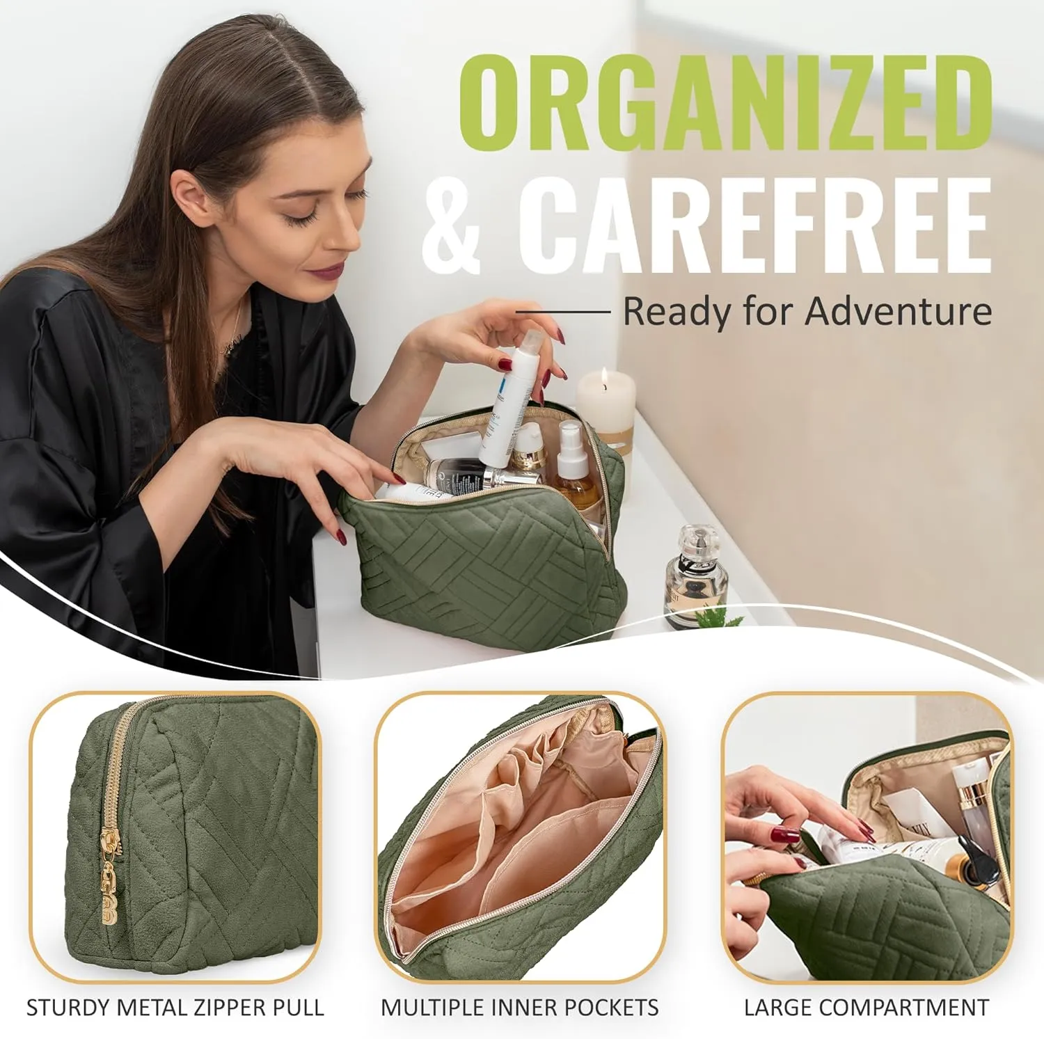 BOACAY Large Makeup Bag, Travel Cosmetic Pouch for Women, Zipper Toiletry Organizer for Purse, Kit Case for Accessories, Brushes