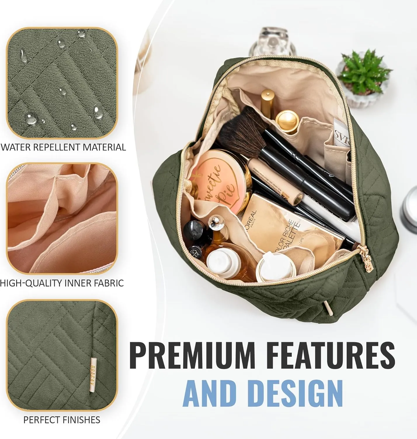 BOACAY Large Makeup Bag, Travel Cosmetic Pouch for Women, Zipper Toiletry Organizer for Purse, Kit Case for Accessories, Brushes
