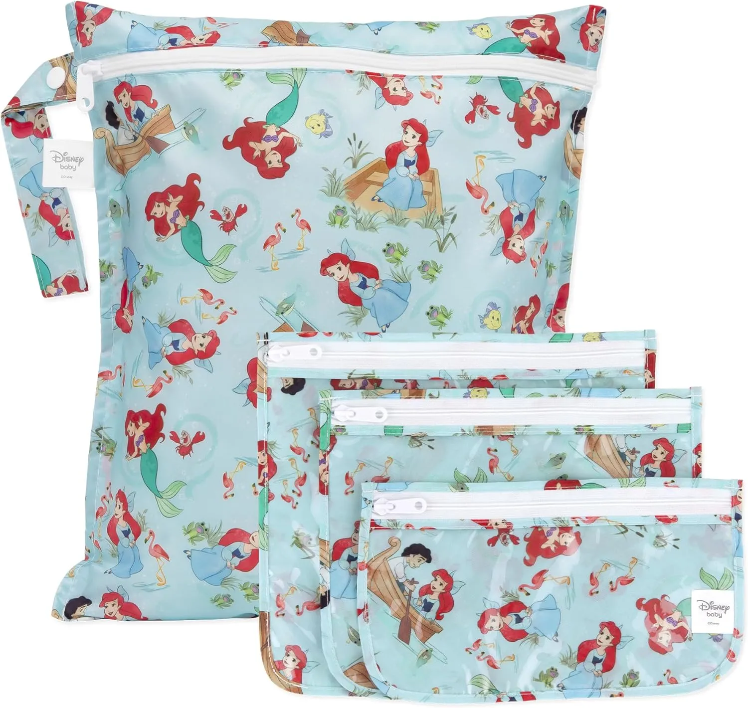 Bumkins Disney Ariel Waterproof Wet Bag and Packing Pouches, TSA Airline Compliant, Pack for Baby, Travel, Swim Suit, Cloth Diapers, Pump Parts, Pool, Gym Clothes, Toiletry, Daycare, Zip Bag, 4-pc