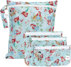 Bumkins Disney Ariel Waterproof Wet Bag and Packing Pouches, TSA Airline Compliant, Pack for Baby, Travel, Swim Suit, Cloth Diapers, Pump Parts, Pool, Gym Clothes, Toiletry, Daycare, Zip Bag, 4-pc