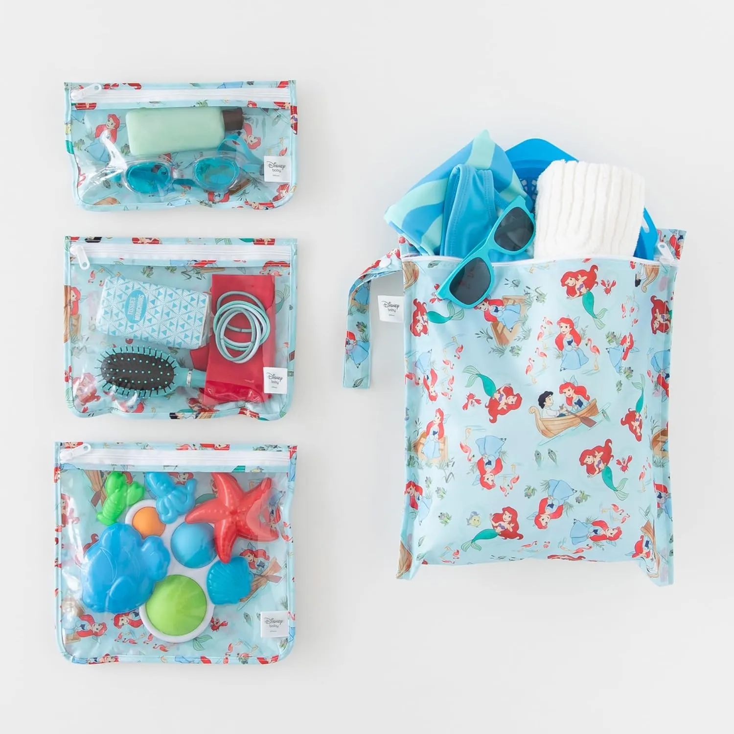 Bumkins Disney Ariel Waterproof Wet Bag and Packing Pouches, TSA Airline Compliant, Pack for Baby, Travel, Swim Suit, Cloth Diapers, Pump Parts, Pool, Gym Clothes, Toiletry, Daycare, Zip Bag, 4-pc