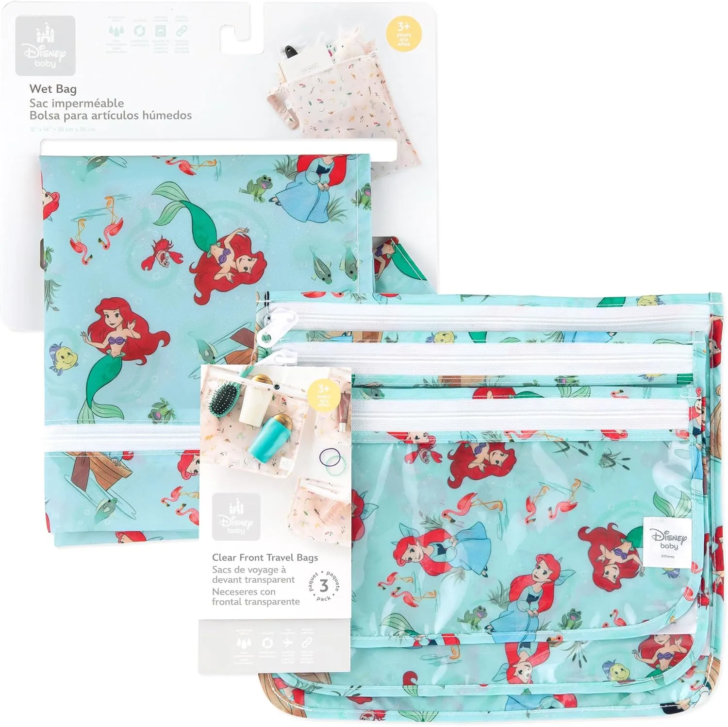 Bumkins Disney Ariel Waterproof Wet Bag and Packing Pouches, TSA Airline Compliant, Pack for Baby, Travel, Swim Suit, Cloth Diapers, Pump Parts, Pool, Gym Clothes, Toiletry, Daycare, Zip Bag, 4-pc