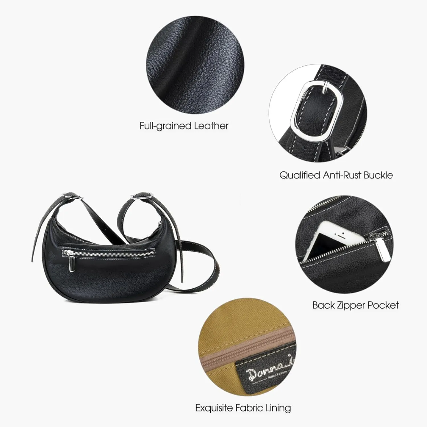 Casual Soft Leather Hobo Bags Women Crossbody, Trendy Crescent Shoulder Bag and Black Mini Purse