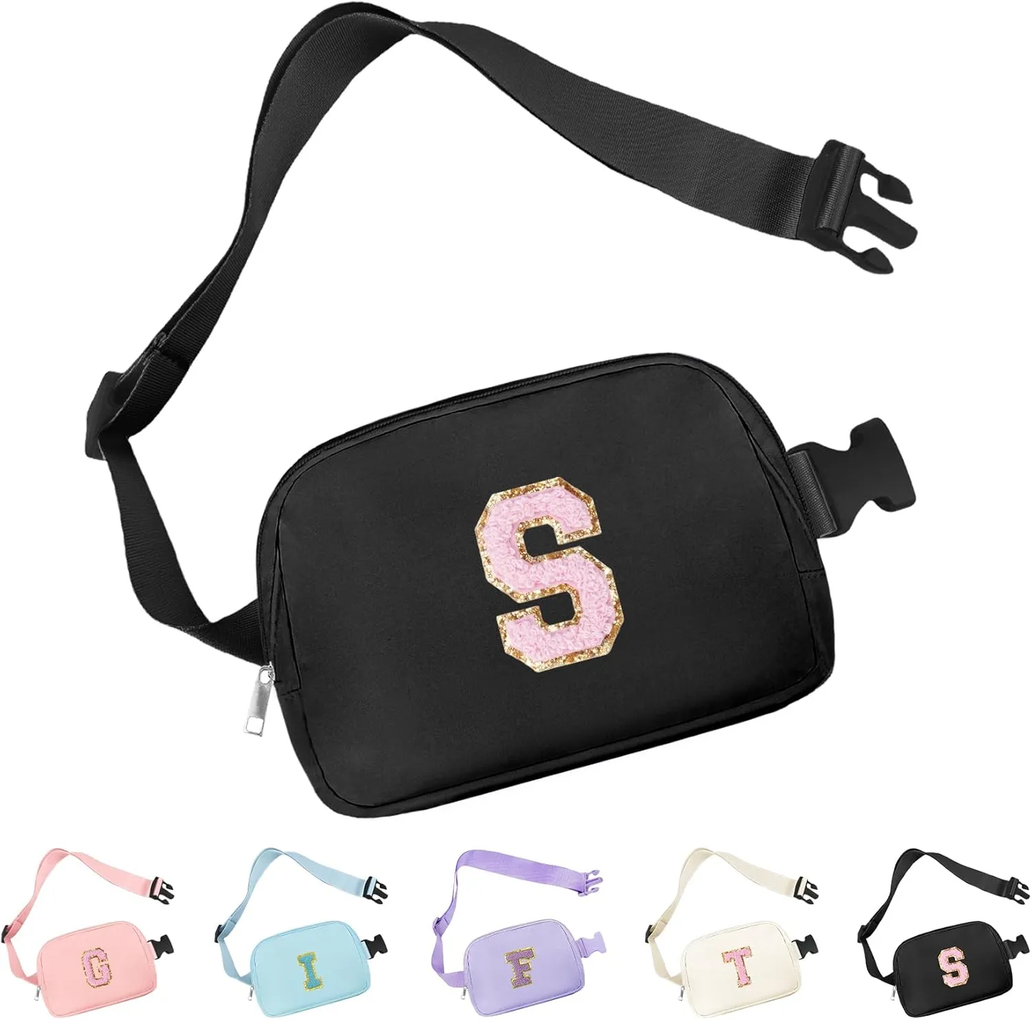Chenille Letter Crossbody Bags for Women Trendy, Waterproof Fanny Packs for Women Cross Body, Initial Letter Belt Bag with Multiple Inner Pockets and Adjustable Strap(Black S)