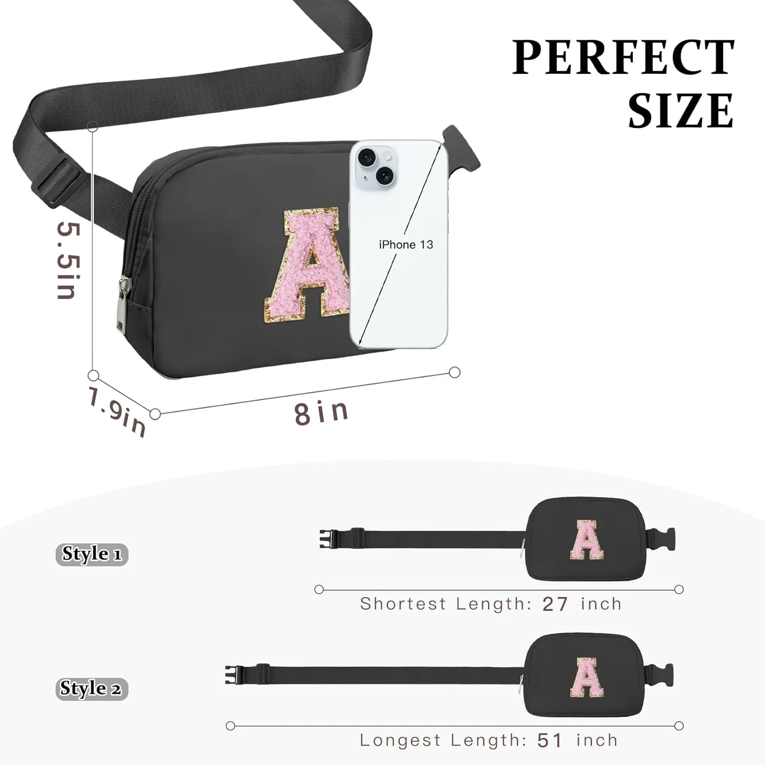Chenille Letter Crossbody Bags for Women Trendy, Waterproof Fanny Packs for Women Cross Body, Initial Letter Belt Bag with Multiple Inner Pockets and Adjustable Strap(Black S)
