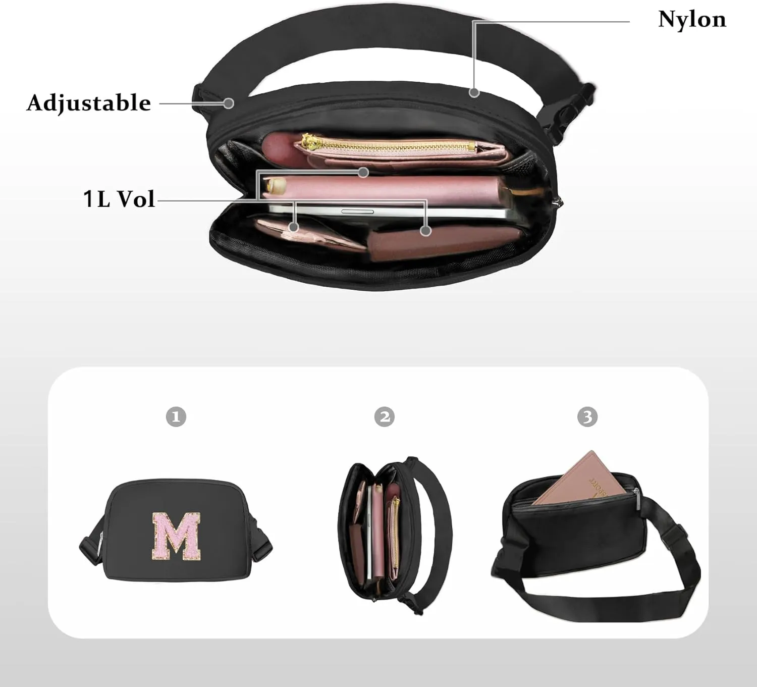 Chenille Letter Crossbody Bags for Women Trendy, Waterproof Fanny Packs for Women Cross Body, Initial Letter Belt Bag with Multiple Inner Pockets and Adjustable Strap(Black S)