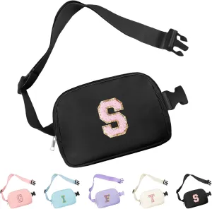 Chenille Letter Crossbody Bags for Women Trendy, Waterproof Fanny Packs for Women Cross Body, Initial Letter Belt Bag with Multiple Inner Pockets and Adjustable Strap(Black S)