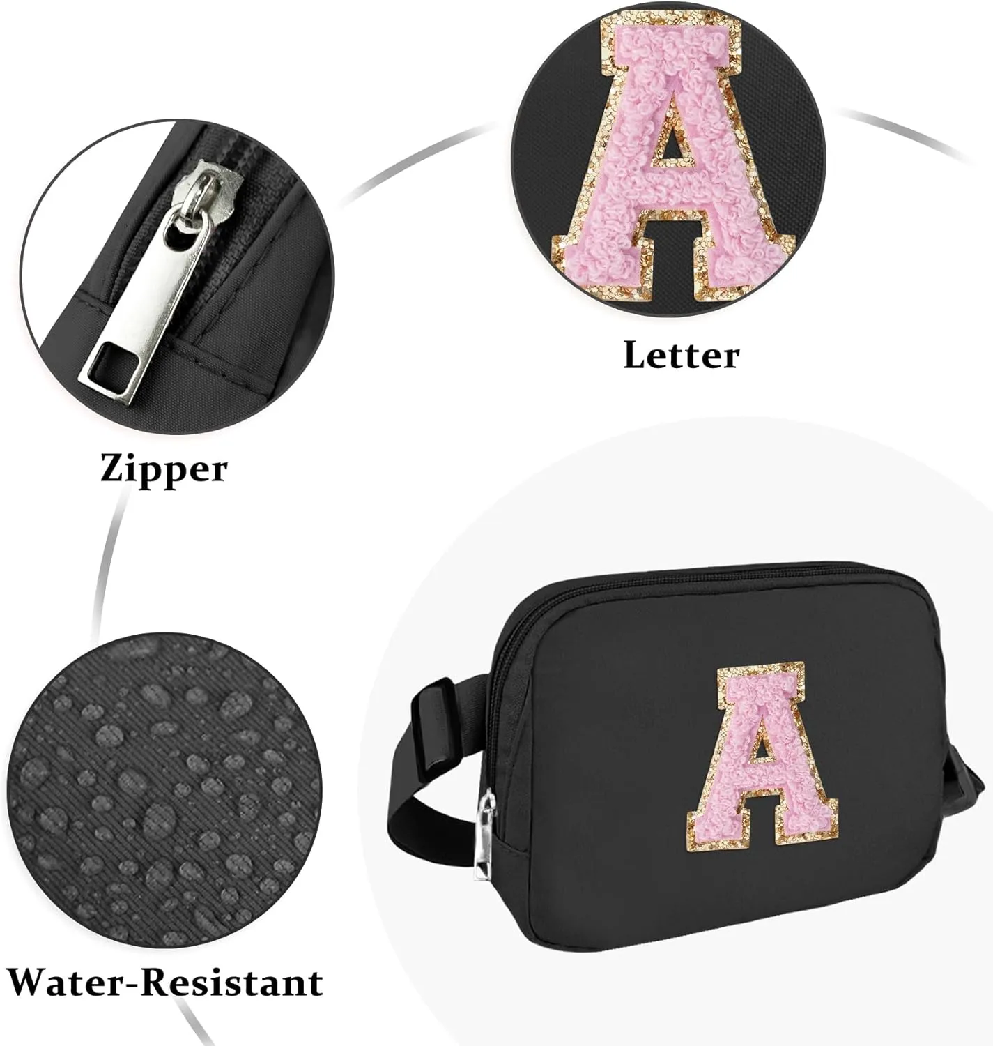 Chenille Letter Crossbody Bags for Women Trendy, Waterproof Fanny Packs for Women Cross Body, Initial Letter Belt Bag with Multiple Inner Pockets and Adjustable Strap(Black S)