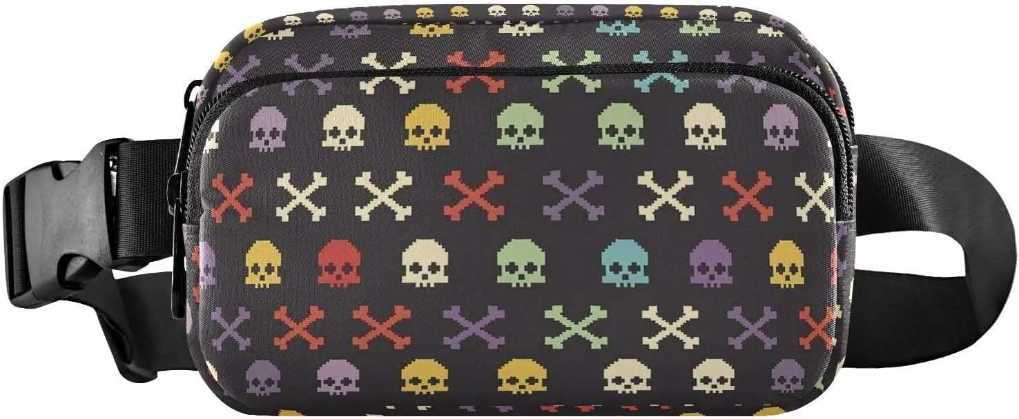 Colored Pixel Skull Prints Fanny Pack for Women Men, Crossbody Waist Packs with Adjustable Strap Belt bag for Travel Workout Hiking
