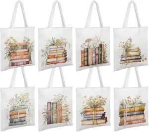 ElasignShopo 8 Pcs Book Canvas Tote Bags Book Club Gifts Book Lovers Totes Bags Bulk Aesthetic Reusable Grocery Bags for Women Bookish Lovers Librarian Readers Gifts Travel Shopping (Watercolor Books)