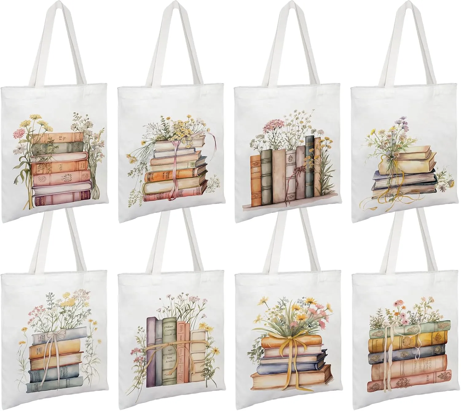 ElasignShopo 8 Pcs Book Canvas Tote Bags Book Club Gifts Book Lovers Totes Bags Bulk Aesthetic Reusable Grocery Bags for Women Bookish Lovers Librarian Readers Gifts Travel Shopping (Watercolor Books)