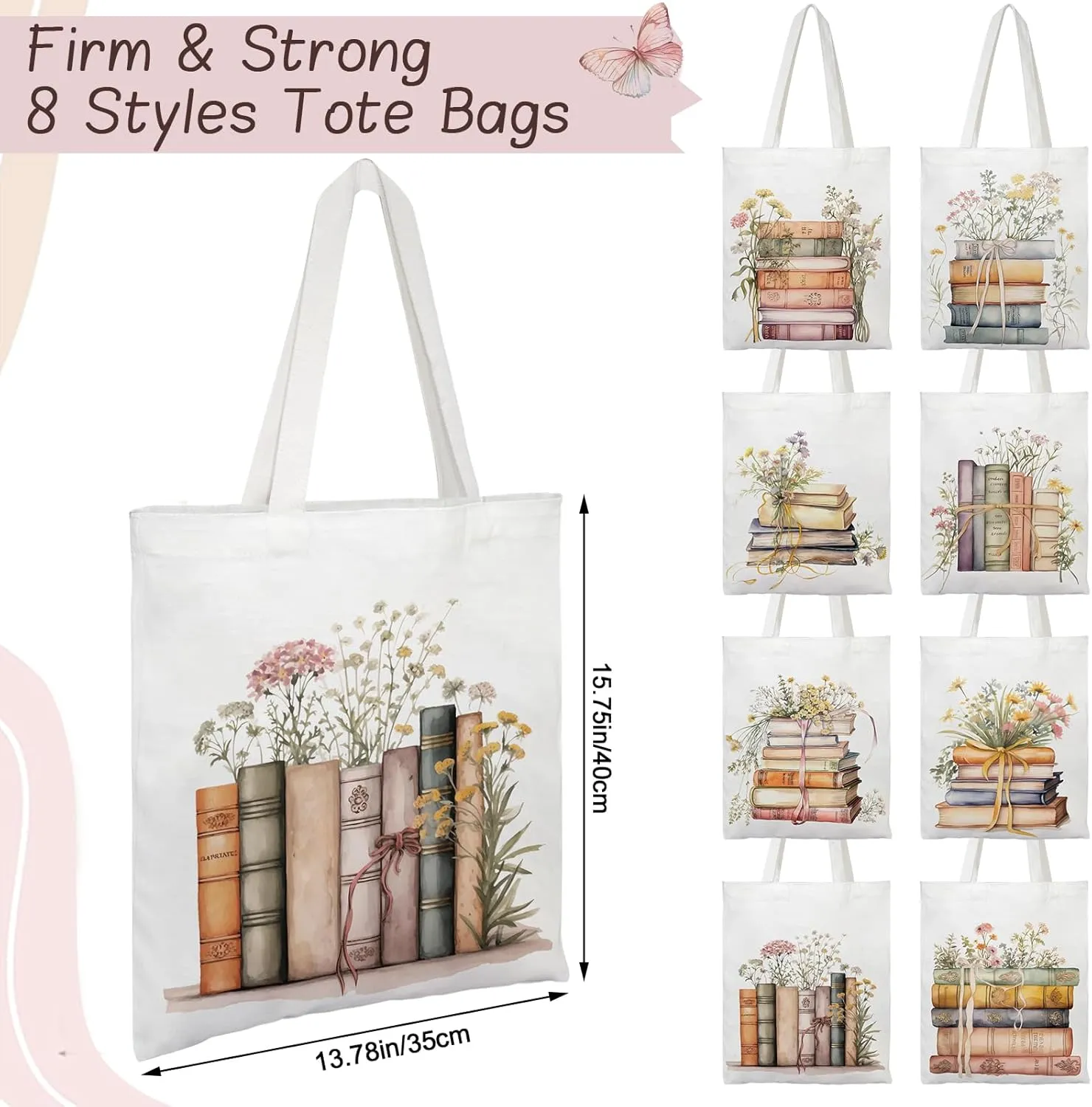 ElasignShopo 8 Pcs Book Canvas Tote Bags Book Club Gifts Book Lovers Totes Bags Bulk Aesthetic Reusable Grocery Bags for Women Bookish Lovers Librarian Readers Gifts Travel Shopping (Watercolor Books)
