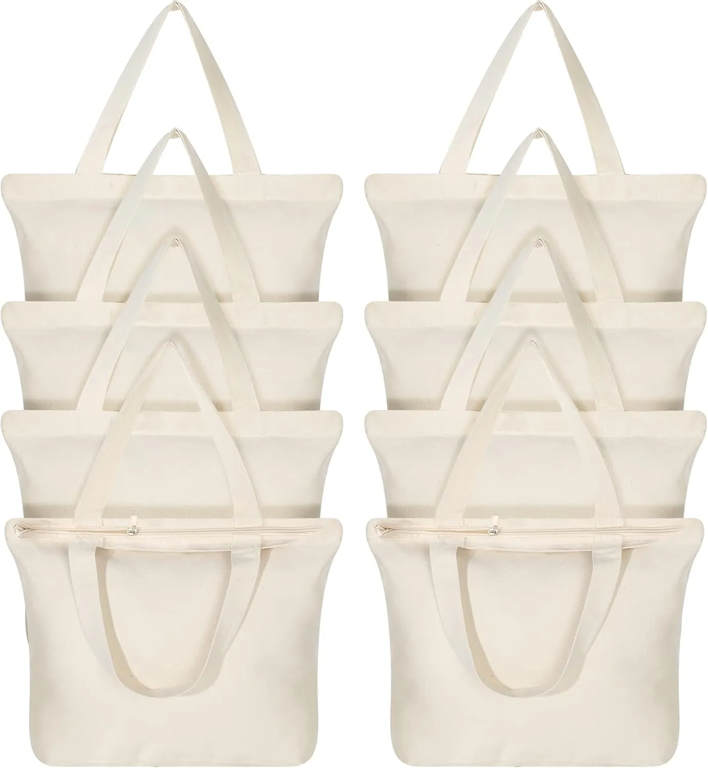 Epakh 8 Pack Canvas Tote with Zipper 16.5 x 13 x 4 Inch Reusable Grocery Bag, Foldable Shopper, Washable Beach Tote, Shoulder Bag for Women Mothers and Brides (Beige)