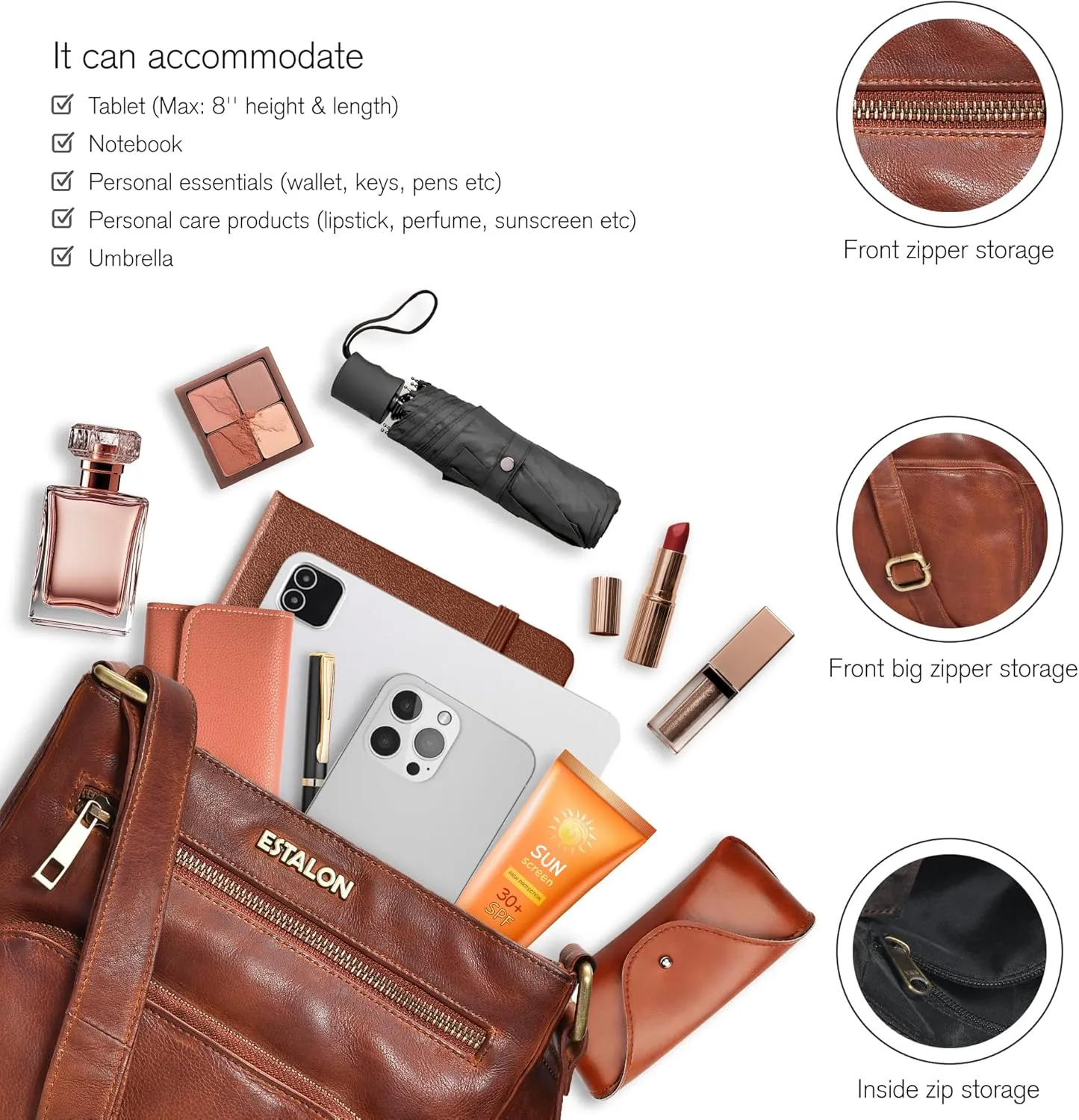 ESTALON Women's Real Leather Crossbody Purse With Adjustable Sling Strap - Medium Size Crossover Shoulder Hand Bag