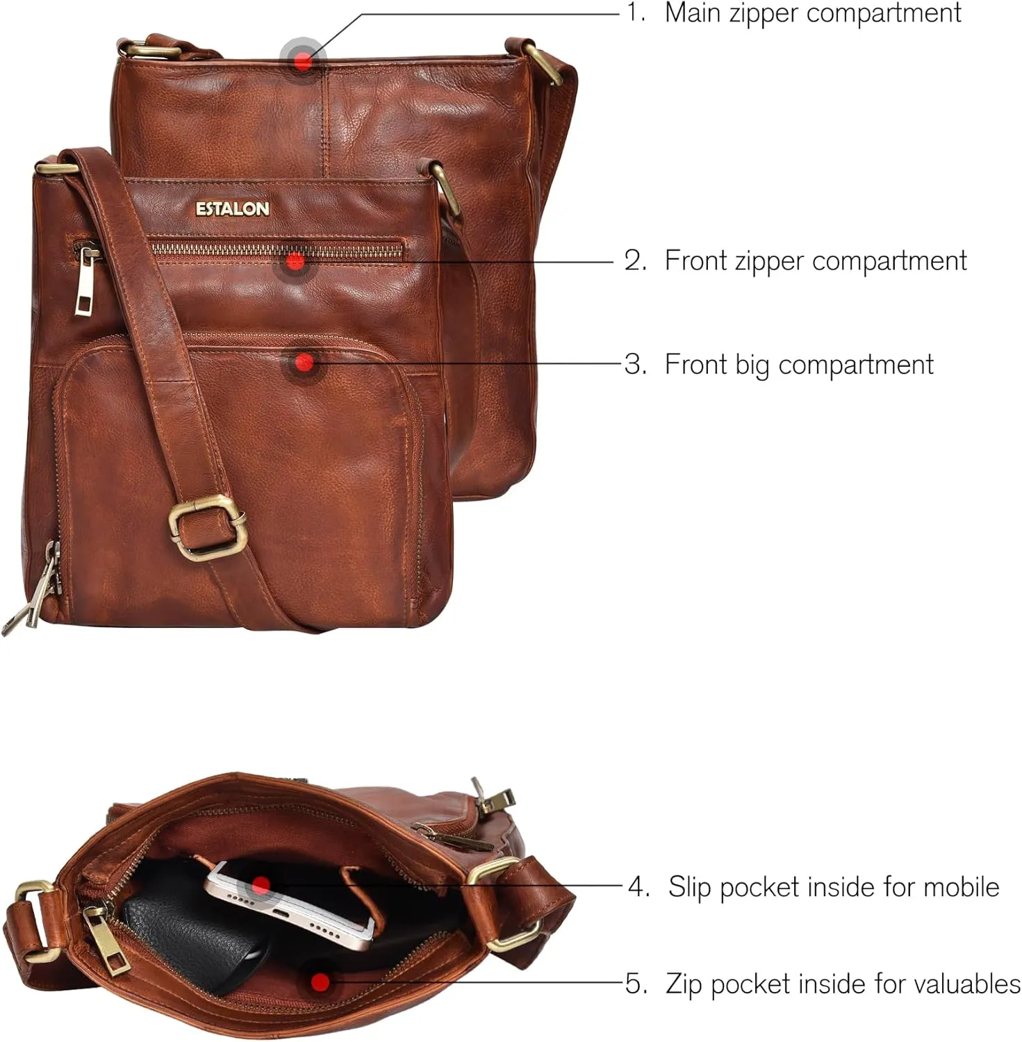 ESTALON Women's Real Leather Crossbody Purse With Adjustable Sling Strap - Medium Size Crossover Shoulder Hand Bag