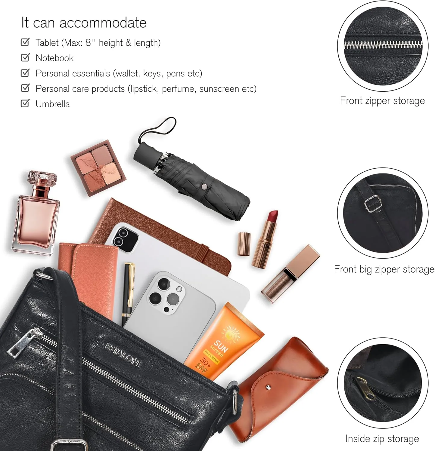ESTALON Women's Real Leather Crossbody Purse With Adjustable Sling Strap - Medium Size Crossover Shoulder Hand Bag