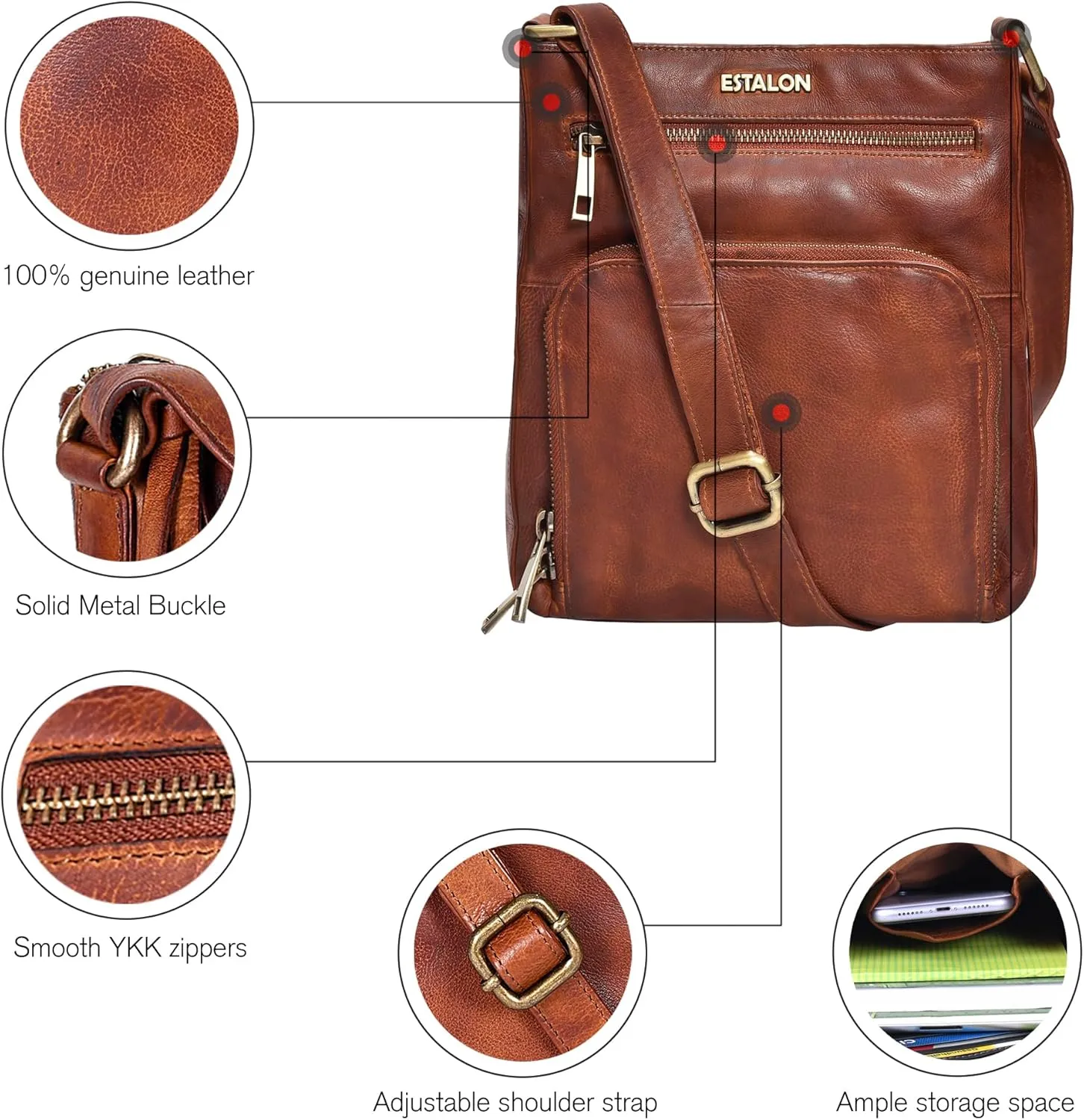 ESTALON Women's Real Leather Crossbody Purse With Adjustable Sling Strap - Medium Size Crossover Shoulder Hand Bag