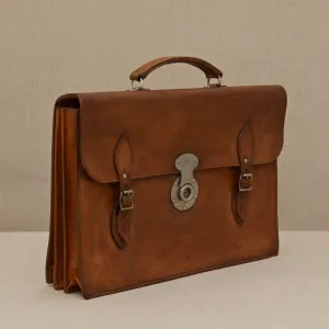Flap-over Mid Tan Leather Briefcase
