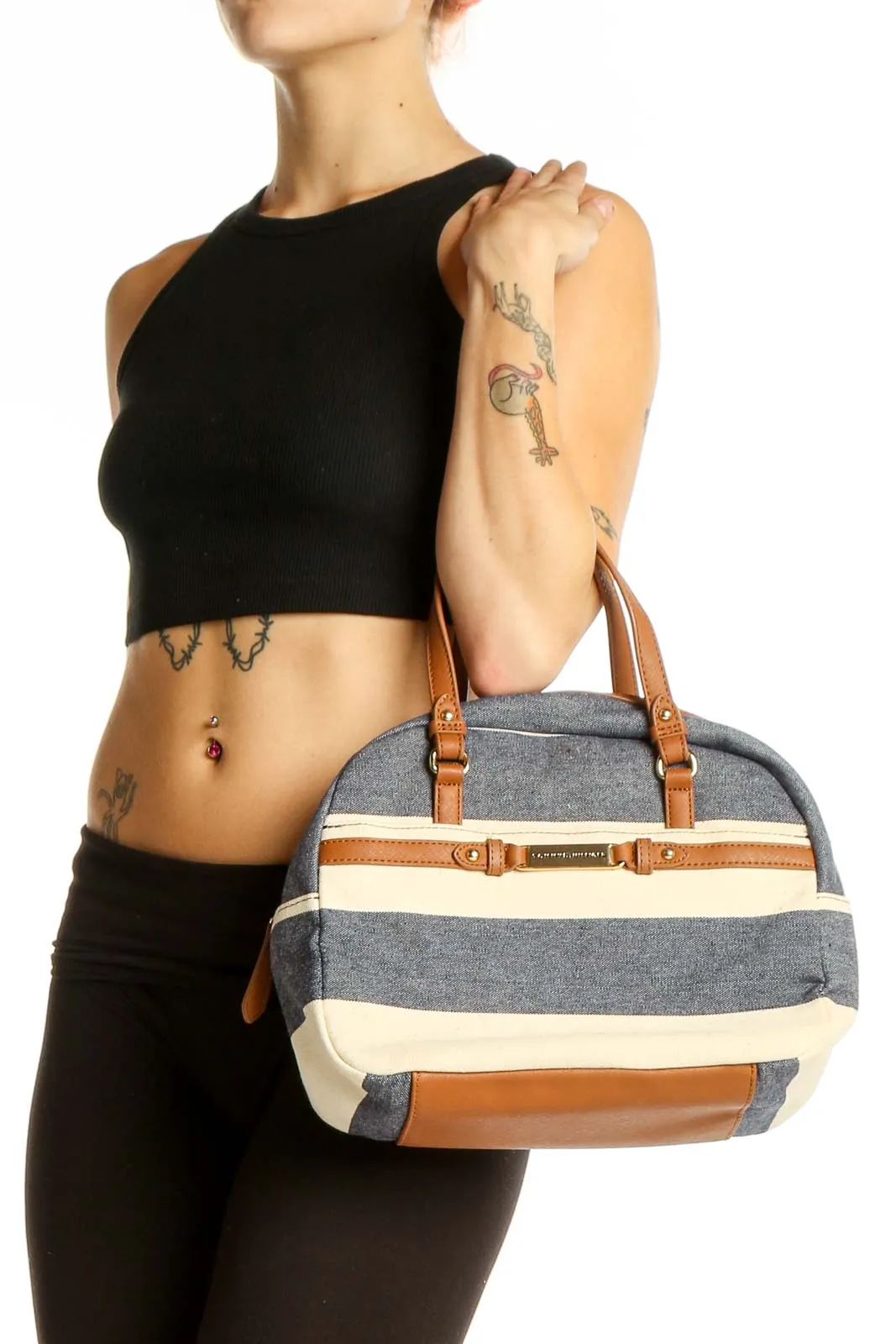 Gray and White Striped Satchel
