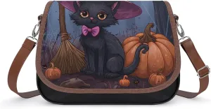 Halloween Cat Pumpkin Lantern Messenger Bag for Women PU Leather Crossbody Bags Shoulder Handbags Purse
