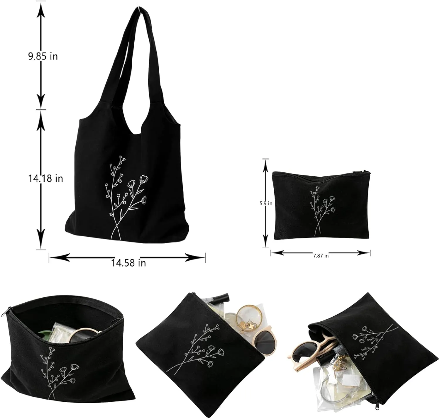 KIEKIECOO Canvas Tote Bag Black Aesthetic Personalized Custom Reusable Grocery Bags Floral Line Art Shopping Shoulder Bag