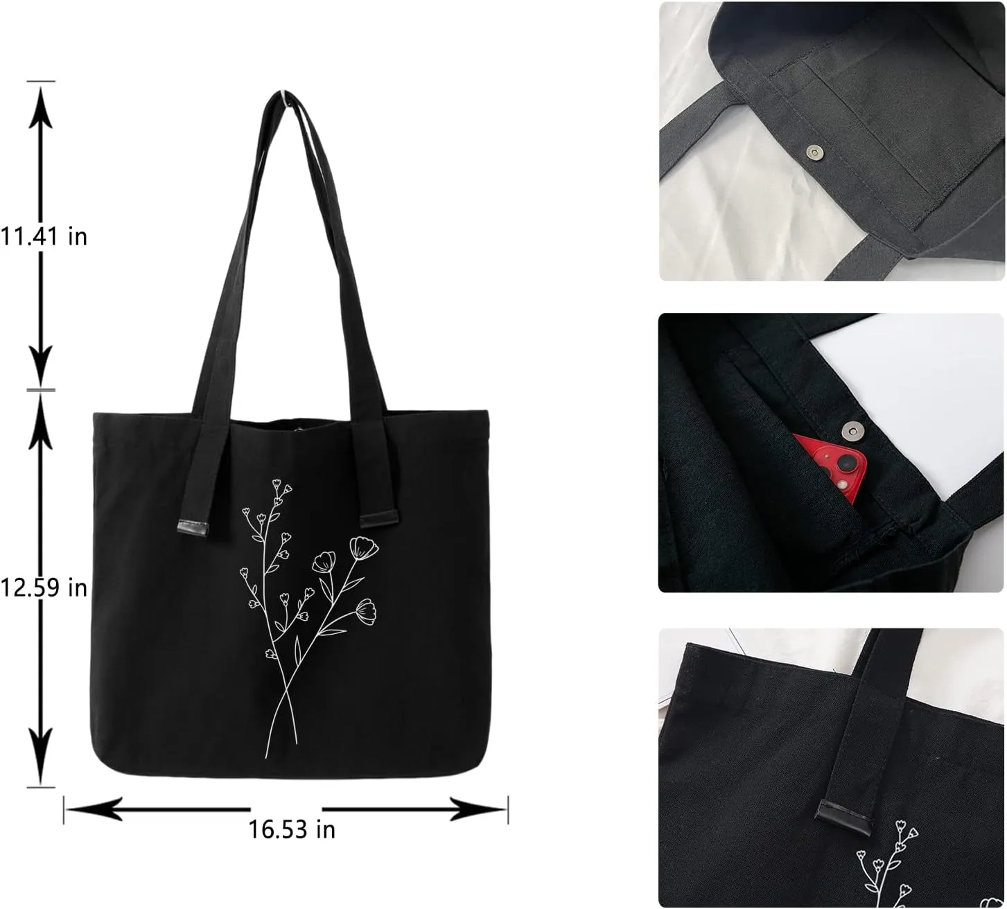 KIEKIECOO Canvas Tote Bag Black Aesthetic Personalized Custom Reusable Grocery Bags Floral Line Art Shopping Shoulder Bag