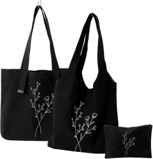 KIEKIECOO Canvas Tote Bag Black Aesthetic Personalized Custom Reusable Grocery Bags Floral Line Art Shopping Shoulder Bag