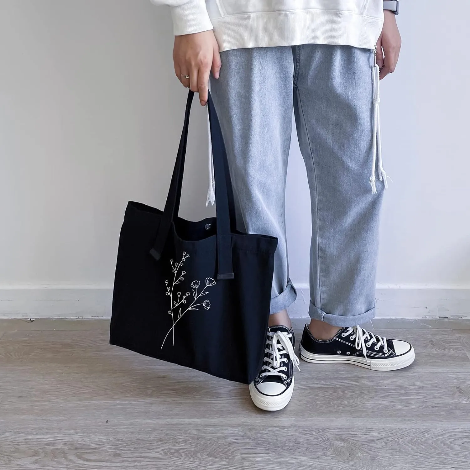 KIEKIECOO Canvas Tote Bag Black Aesthetic Personalized Custom Reusable Grocery Bags Floral Line Art Shopping Shoulder Bag