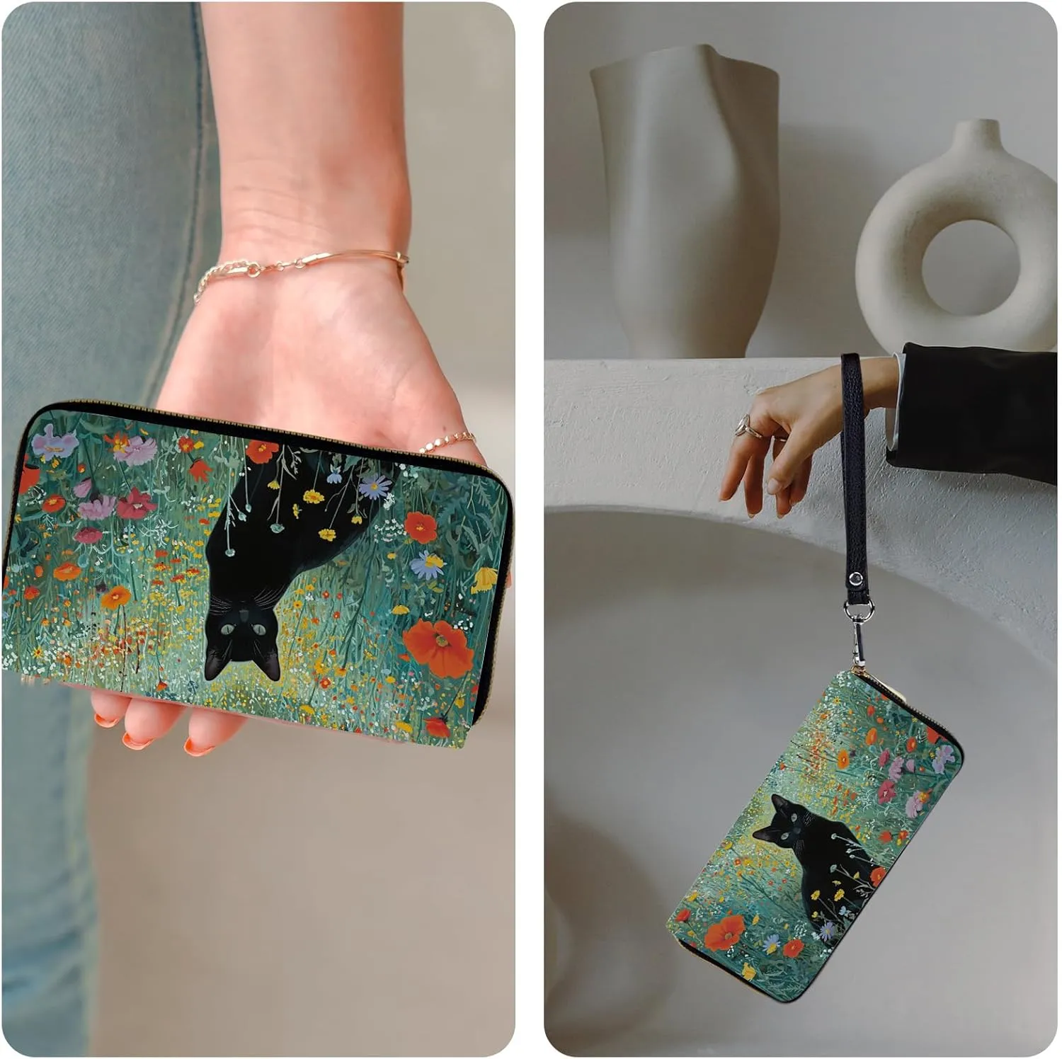 Ladies Wallet,Clutch Purses for Women Wallets Leather Credit Card Holder for Women Wristlet Slim Small Cute with Zipper,Thin RFID Blocking with Wrist Strap,Black Cat Floral