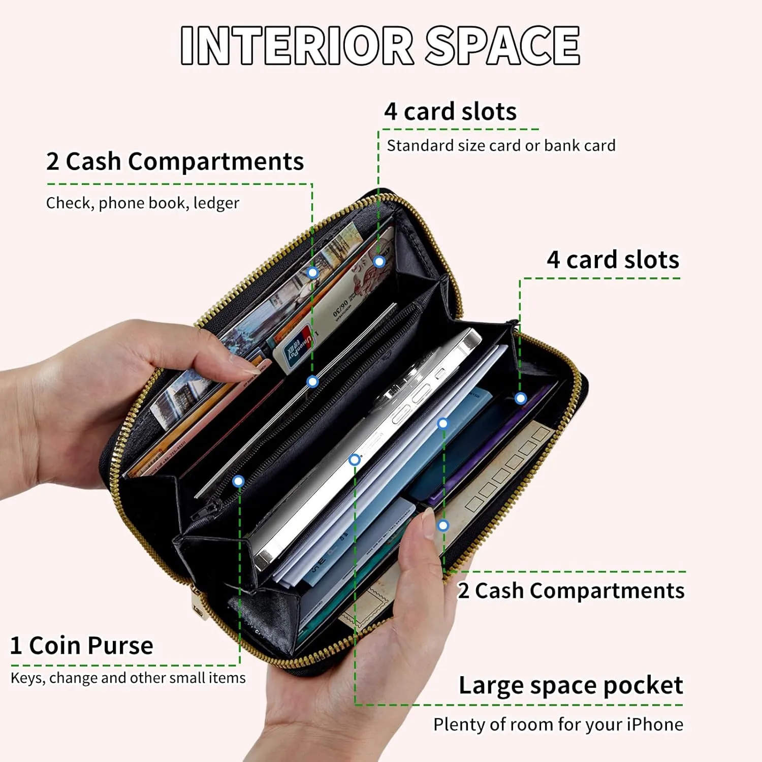 Ladies Wallet,Clutch Purses for Women Wallets Leather Credit Card Holder for Women Wristlet Slim Small Cute with Zipper,Thin RFID Blocking with Wrist Strap,Black Cat Floral