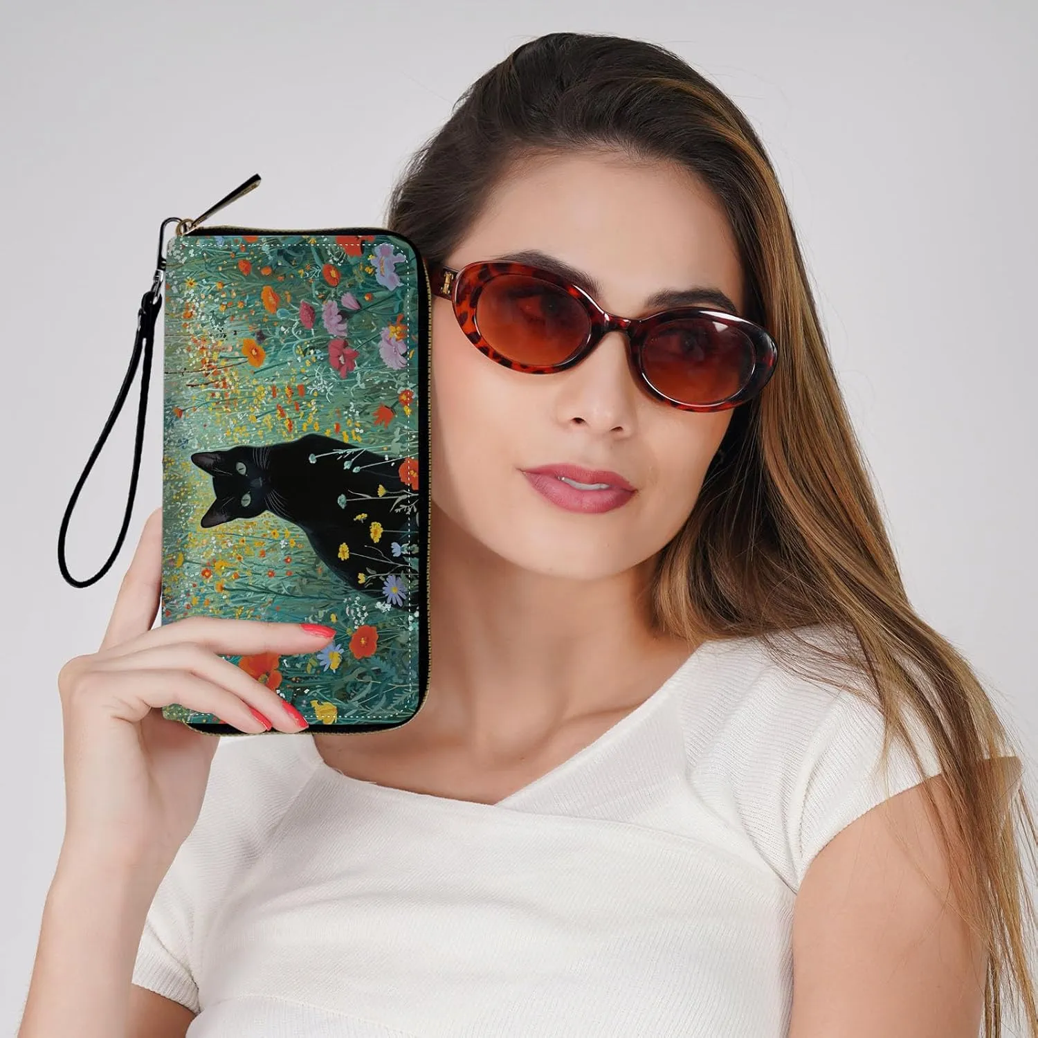 Ladies Wallet,Clutch Purses for Women Wallets Leather Credit Card Holder for Women Wristlet Slim Small Cute with Zipper,Thin RFID Blocking with Wrist Strap,Black Cat Floral