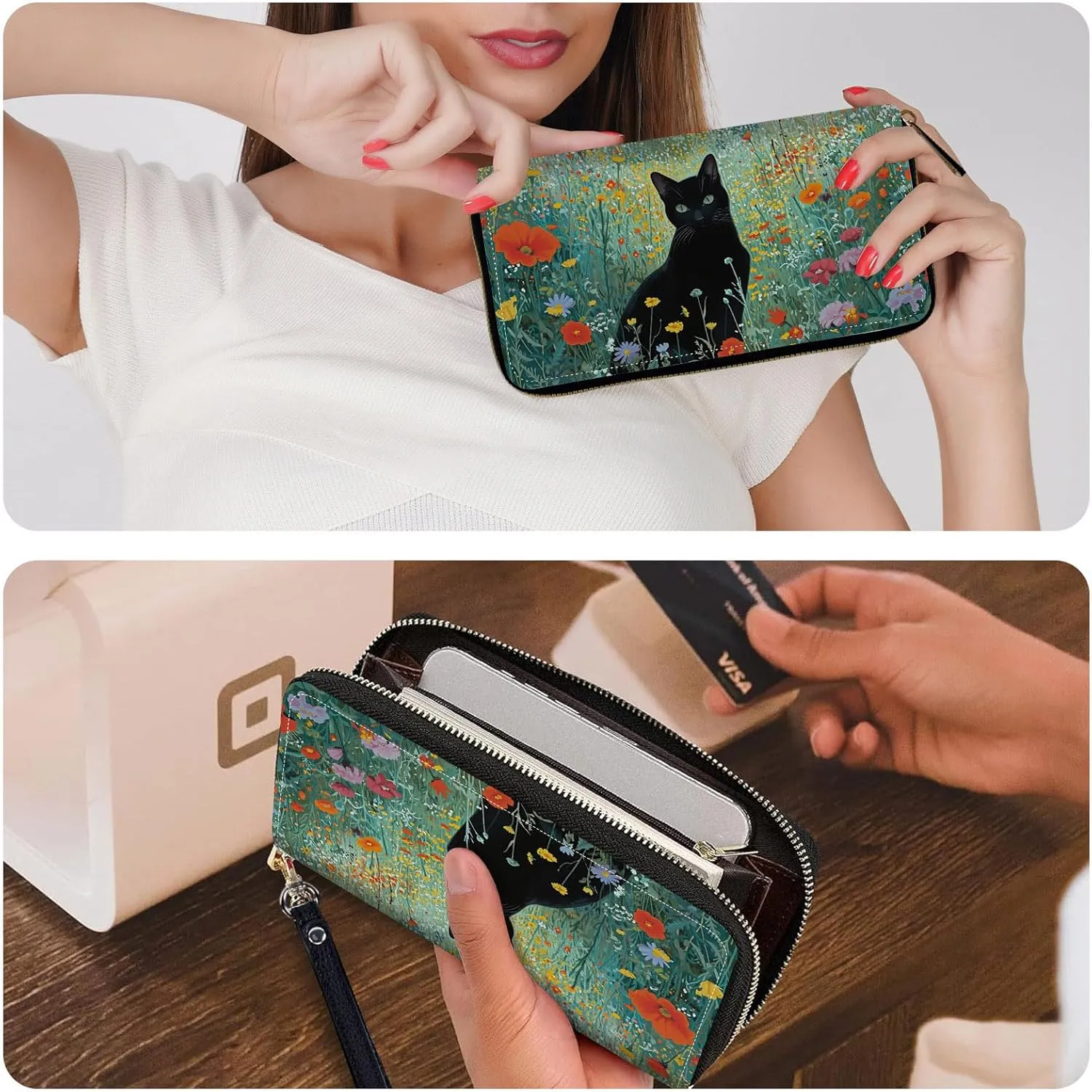 Ladies Wallet,Clutch Purses for Women Wallets Leather Credit Card Holder for Women Wristlet Slim Small Cute with Zipper,Thin RFID Blocking with Wrist Strap,Black Cat Floral
