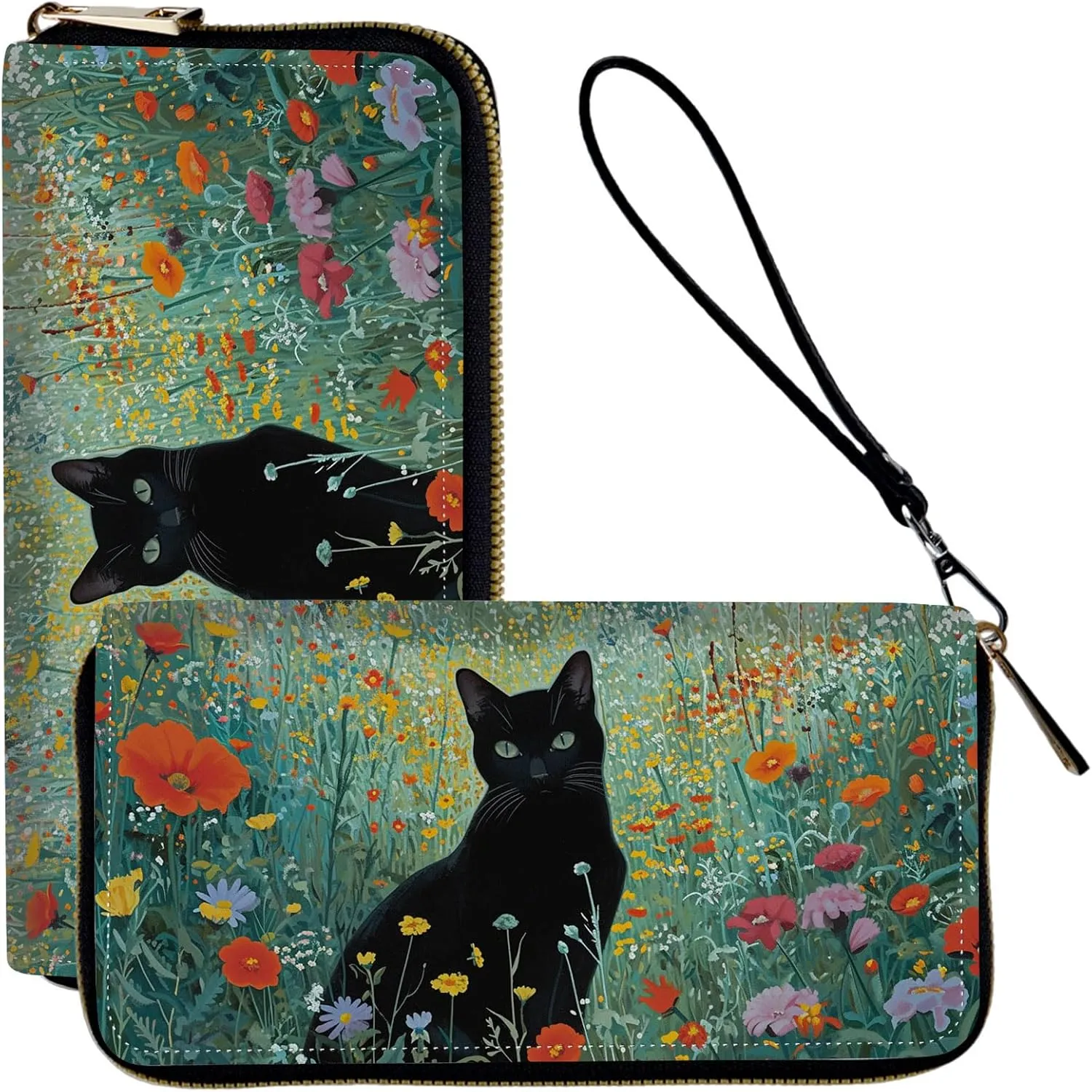 Ladies Wallet,Clutch Purses for Women Wallets Leather Credit Card Holder for Women Wristlet Slim Small Cute with Zipper,Thin RFID Blocking with Wrist Strap,Black Cat Floral