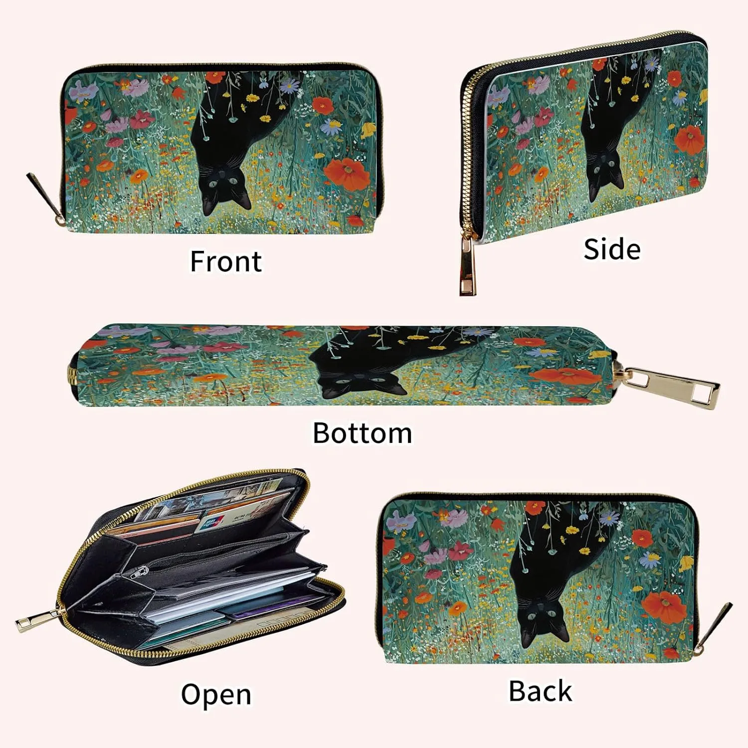 Ladies Wallet,Clutch Purses for Women Wallets Leather Credit Card Holder for Women Wristlet Slim Small Cute with Zipper,Thin RFID Blocking with Wrist Strap,Black Cat Floral