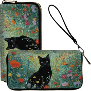 Ladies Wallet,Clutch Purses for Women Wallets Leather Credit Card Holder for Women Wristlet Slim Small Cute with Zipper,Thin RFID Blocking with Wrist Strap,Black Cat Floral